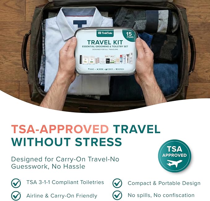 TrekTote Complete 15 Piece Unisex Travel Hygiene Kit with Toiletries & Personal Care Essentials, TSA-Compliant, Individually Packaged in Clear Bag, Single or Bulk Packs