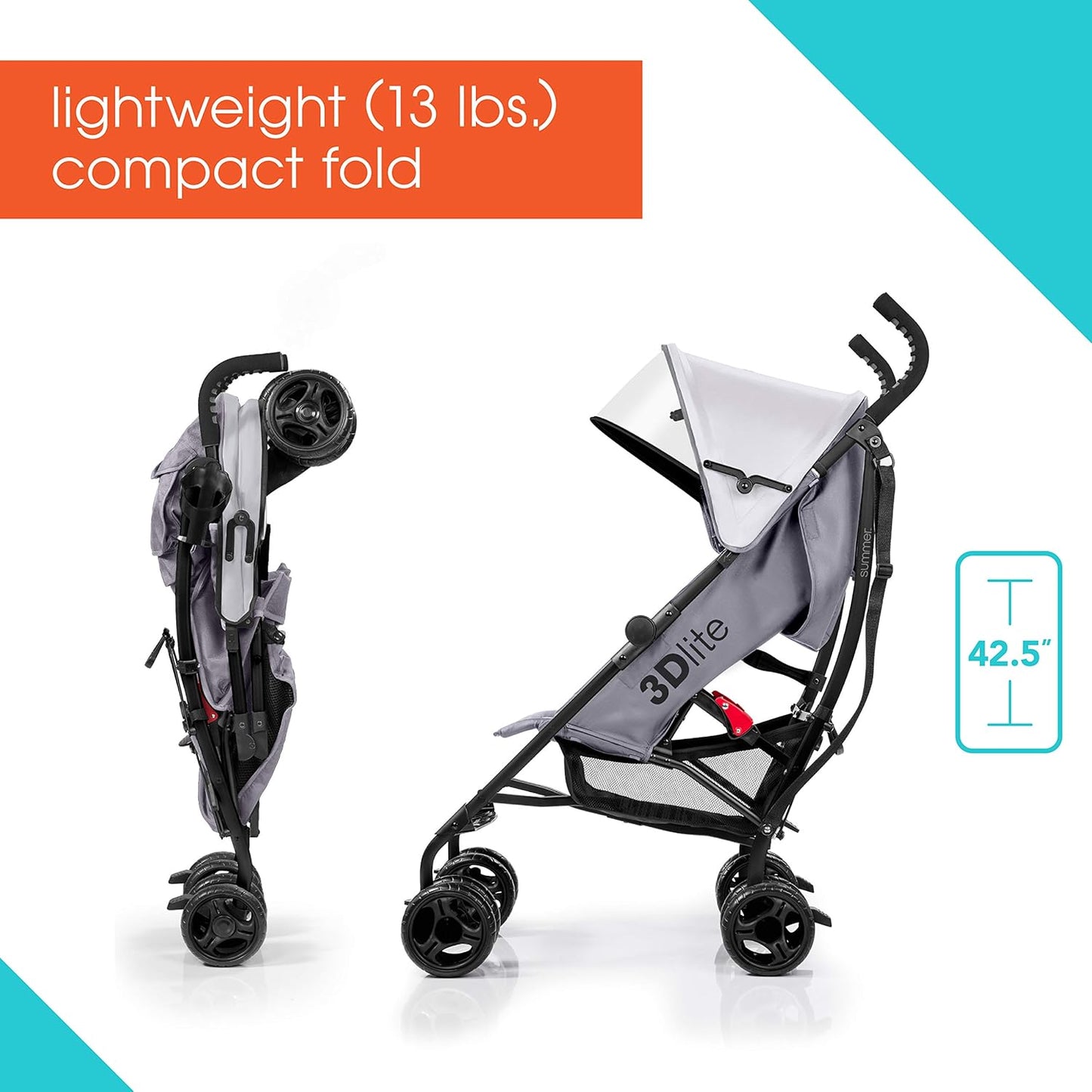 Summer Infant 3Dlite Convenience Stroller, Gray - Lightweight Stroller with Aluminum Frame, Large Seat Area, 4 Position Recline, Extra Large Storage Basket - Infant Stroller for Travel and More