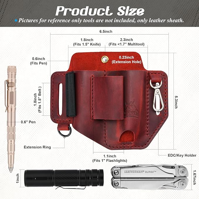 FLYHOMES Premium Full-Grain Genuine Cowhide Leather Multitool Sheath | Handmade Stitched Belt Organizer for Leatherman, Flashlight, Pen & EDC Tools | Multi-Tool Holster Pouch with Keychain Clip