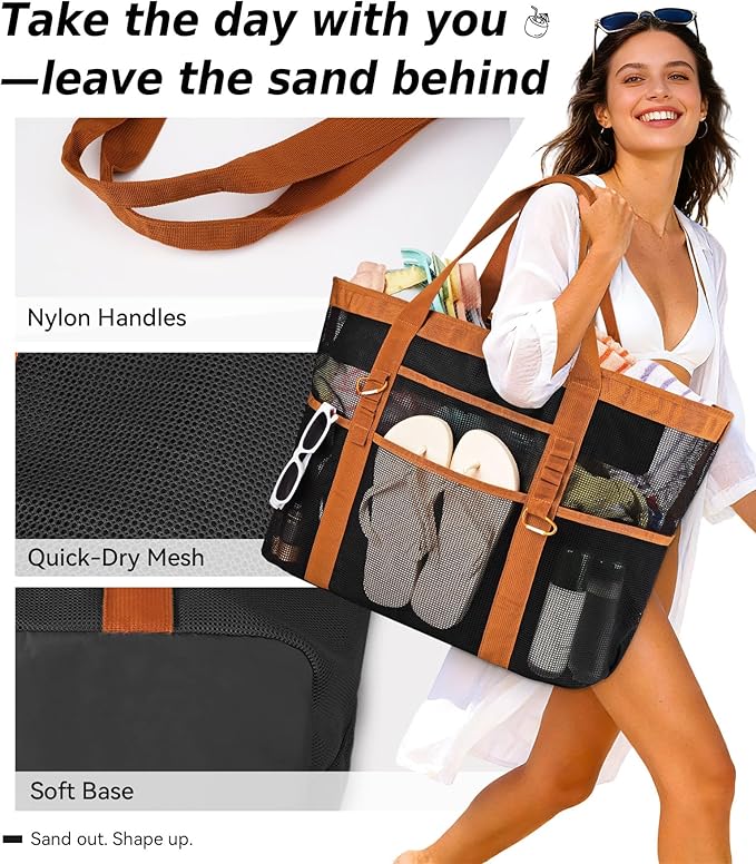 2026 Chic & Spacious XX-Large Beach Bag for Women — Mesh × Canvas Tote with Top Zipper, 11 Pockets, Detachable Pouch | 40L+ Spacious, 11 Tall Pockets, Zipper Pouch, Secure Zip-Top, Sand-Resistant Base