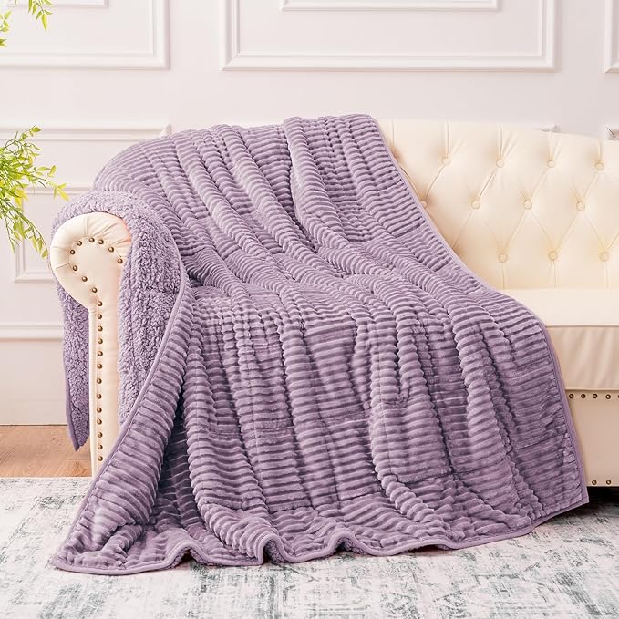 Sherpa Fleece Weighted Blanket with Ribbed Stripes for Adults, 15 lbs Dual Sided Cozy Warm Blanket for Couch Full Size Bed, Glass Beads Heavy Thick Blankets Great for Sleep, Light Purple, 60" x 80"
