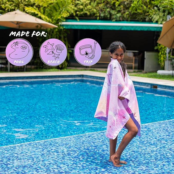 Kids Beach Towel – Quick-Dry Microfiber Pool Towel, Thin, Sand-Free, Perfect for Camping, Travel, Summer Camp, Cruise Essentials – Unicorn, Purple, 30" x 60"