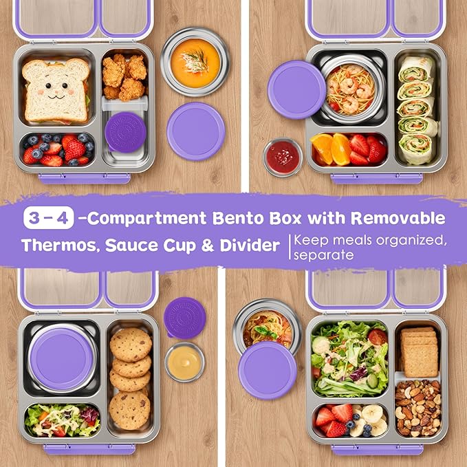 Stainless Steel Bento Box Kids Adult with 7oz Insulated Food Jar, Transparent Lid Metal Lunch Box With Soup Thermal Jar, Lunch Box Container with Removable Divider & Sauce Cup School (Purple)