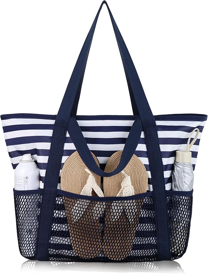 HOMESPON Beach Bag Large Waterproof Sandproof Foldable Tote for Women with Zipper Mesh Pockets for Pool Swim Travel Everyday