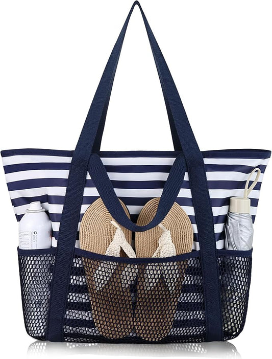HOMESPON Beach Bag Large Waterproof Sandproof Foldable Tote for Women with Zipper Mesh Pockets for Pool Swim Travel Everyday