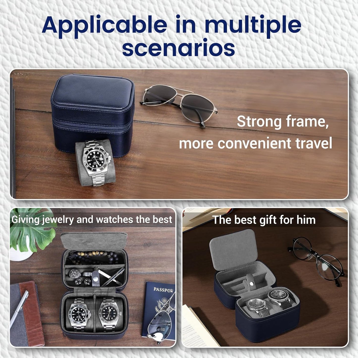 CONBOLA 2 Watch Travel Case for Men with Accessory Compartment,Compact Watch Box for Men Jewelry Case with Microsuede Interior,PU Leather Protect Fits Watches & Smartwatches Up to 55mm. (Deep Blue)