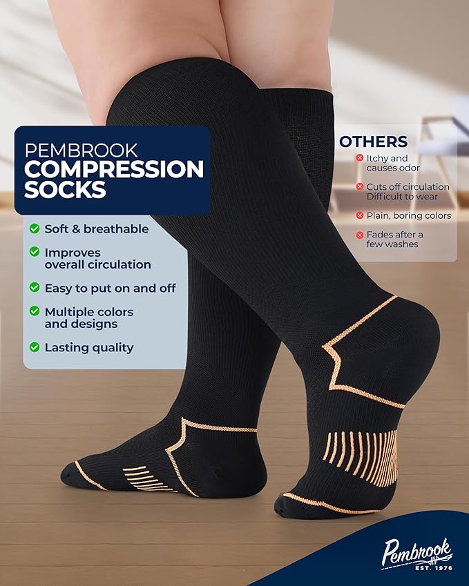 Pembrook Plus Size Compression Socks for Women Wide Calf - 3 Pairs, 20-30mmHg Extra Wide Calf Compression Socks, Up to 4XL