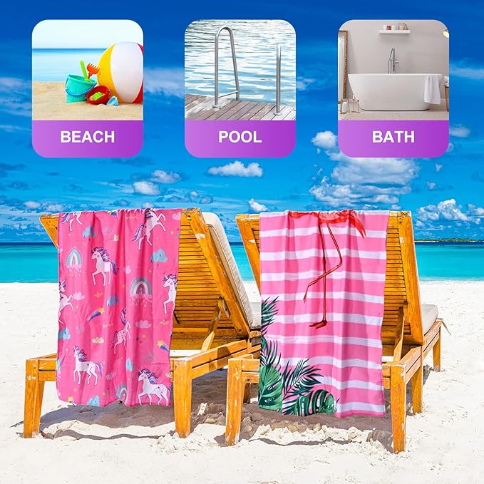 LIVILAN Pink Flamingo Beach Towel, 30”x60” for Girls & Kids, Soft Microfiber, Quick Dry, Sand Free, Lightweight for Bath, Swim, Pool, Yoga, Ideal Flamingo Gift for Women