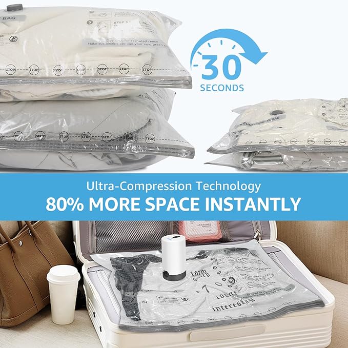 Vacuum Bags for Travel with Rechargeable Pump, 3 Sizes Vacuum Seal Bags for Clothing, Compression Vacuum Travel Bags for Luggage, Vacuum Packing Bags for Closet Organization (6)
