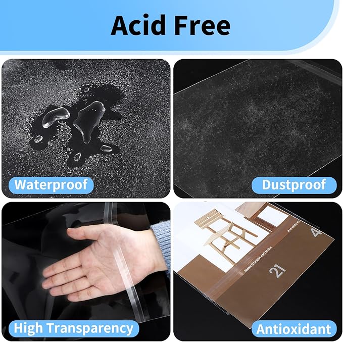 50 Pack 8x10 Photo Sleeves - Acid Free 1.57 mil (Single Side) Thick Heavy Duty Clear Plastic Bags Self Adhesive Crystal Clear Plastic Sleeves for Paper Cardstock Photo Prints 8x10