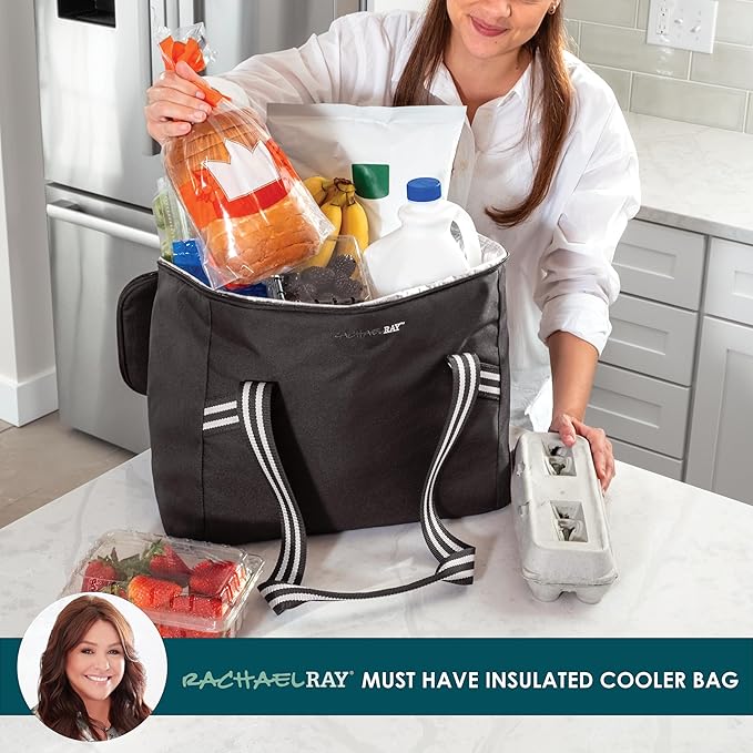 Rachael Ray Field Tote - Soft Sided Zippered Cooler Bag, Insulated & Leak Proof Grocery Bag, Portable Travel Cooler, Hot or Cold Carrier, Black