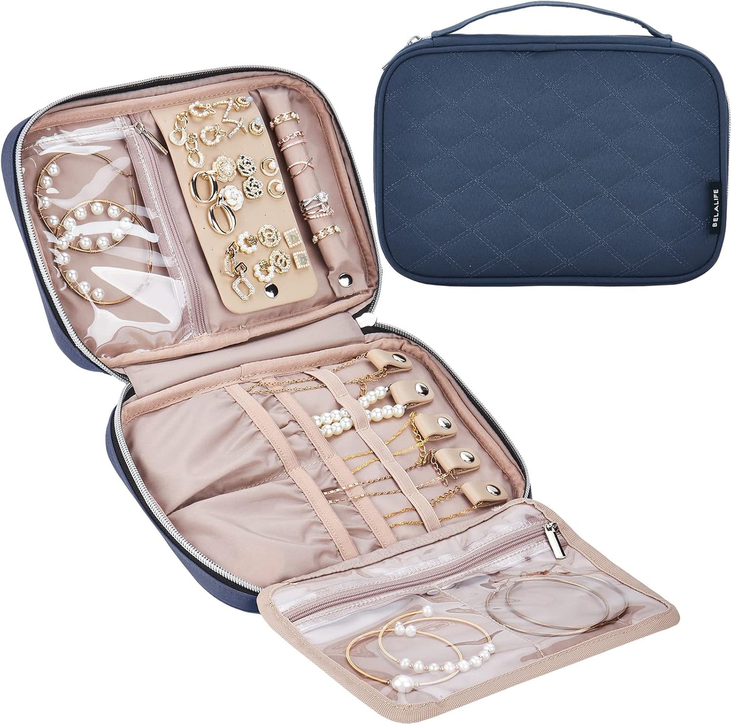 BELALIFE Travel Jewelry Organizer, Portable Jewelry Storage Case for Earrings, Rings, Necklaces, Bracelets, Blue-Gray