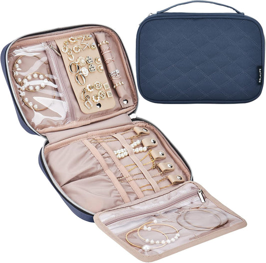 BELALIFE Travel Jewelry Organizer, Portable Jewelry Storage Case for Earrings, Rings, Necklaces, Bracelets, Blue-Gray