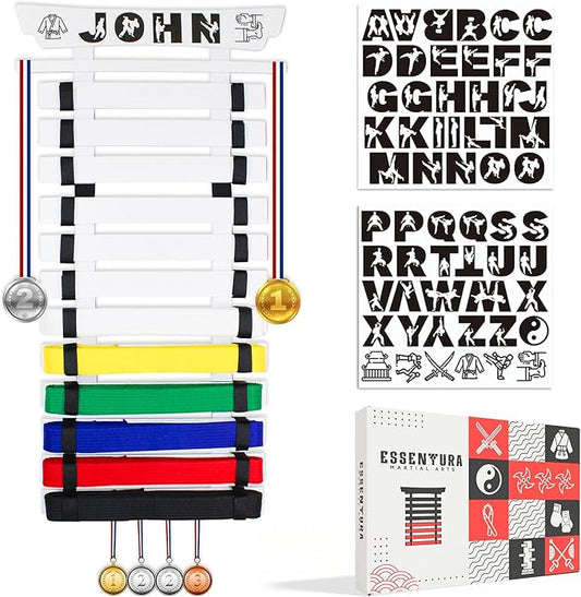 10/12 Belts Karate Belt Display Rack, Pure Bamboo Wood, Themed Stickers, Medal Hangers - Taekwondo Belt Display, Jiu Jitsu, BJJ, Martial Arts