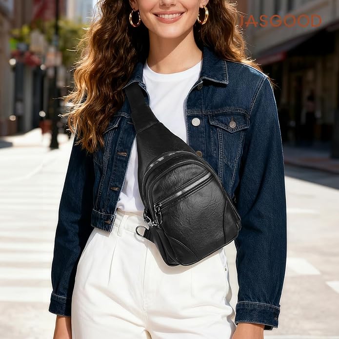 JASGOOD Anti Theft Crossbody Travel Bag for Women Men PU Leather Sling Bag with Adjustable Strap