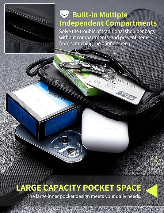 Peicees Mini Anti Theft Crossbody Sling Bag Small Chest Bag Dual Pocket Water Resistant Fanny Pack Running Phone Holder