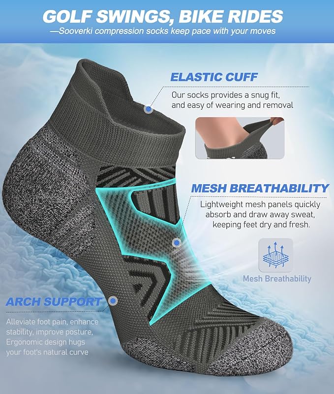 Cushioned Cotton Ankle Compression Socks for Men Women 6 Pairs Wicking Low Cut Arch Support Plantar Fasciitis Socks