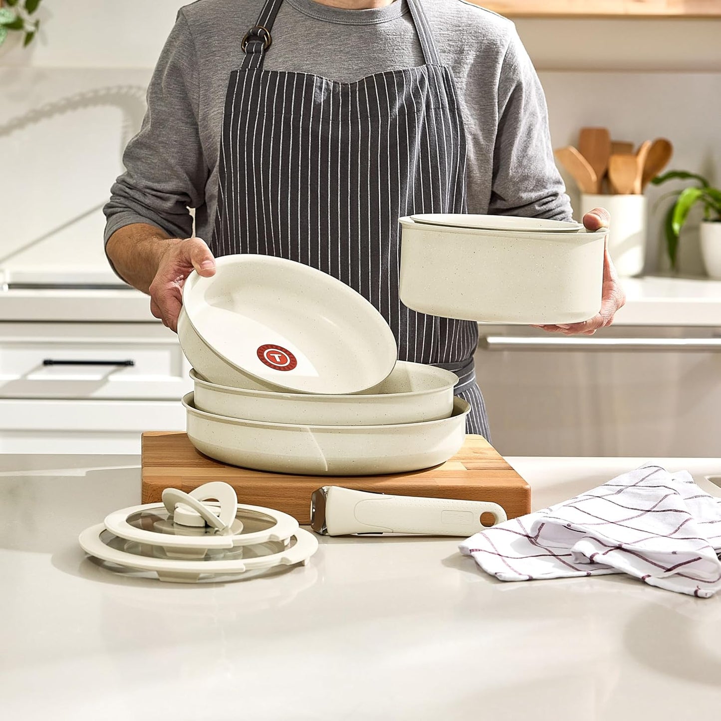 T-fal Ingenio Essentials Cookware Set with Detachable/Removable Handle 11 Piece, Granite Titanium Non Stick, Oven Broiler Safe 500F, Stackable, Pots and Pans Set, Frying Pans, Dishwasher Safe, Beige