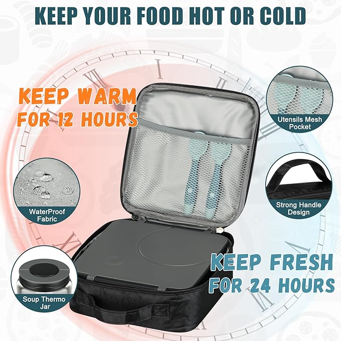 Itslife Bento Lunch Box for Kids with 8oz Soup Thermo&Lunch Bag, Leak-Proof Lunch Food Containers with 4 Compartment, Hot Food Insulated Food Jar for Kids School (Black&Grey)