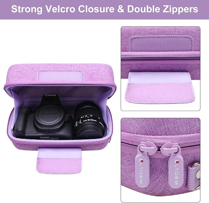 LTGEM Camera Case for Canon EOS Rebel T7 / R50 / R100 / R50 V / T6 / R8 / R10 / RP / SL3 / R5 / T100 DSLR SLR Camera and 18-55mm/18-45mm Lens with Shoulder Strap, Purple