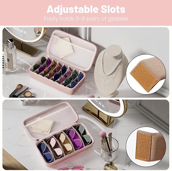 Travel Sunglasses Organizer, Hard Shell Sunglass Case Adjustable Slots for Multiple Sunglass Eyeglass Case