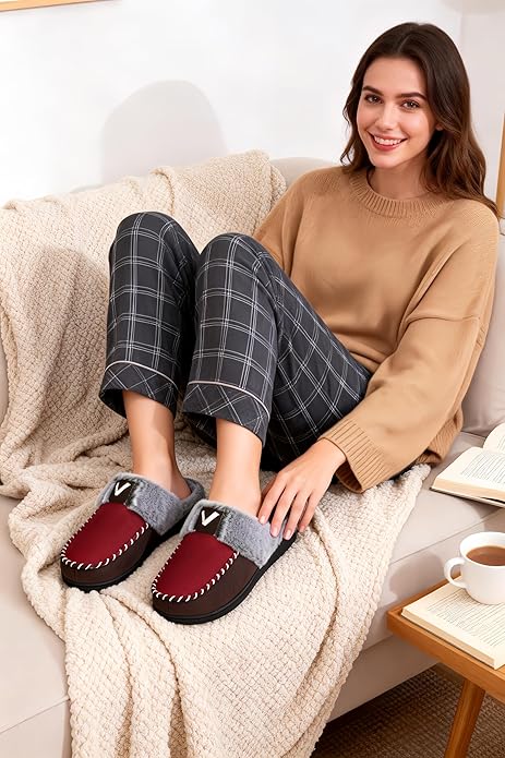 VONMAY Women's Memory Foam Slippers Moccasin Slip-on Scuff House Shoes Fuzzy Faux Fur Lining Indoor Outdoor for All Seasons