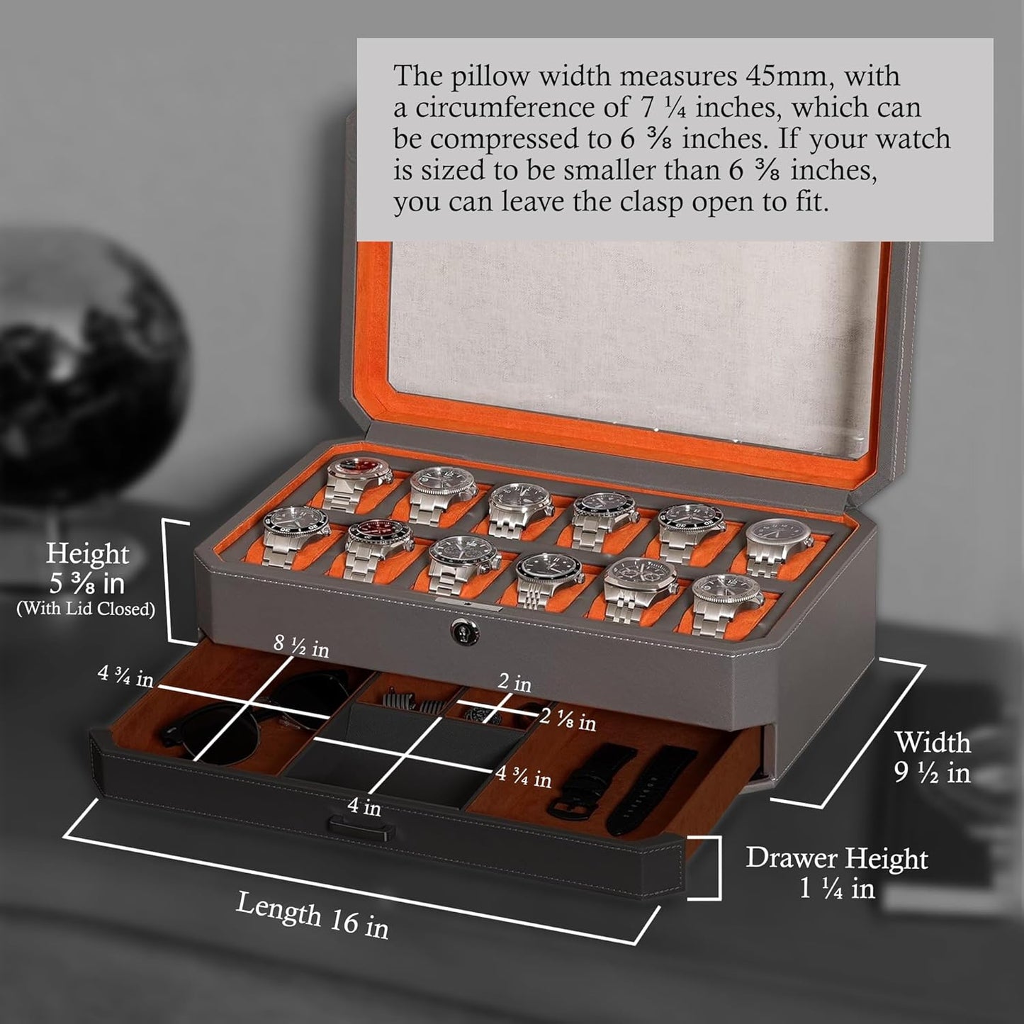 ROTHWELL 12 Slot Leather Watch Box with Valet Drawer - 12 Slot Luxury Watch Case Display Organizer, Microsuede Liner, Mens Accessories Holder, Jewelry Case, Jewelry Display Organizer (Grey/Orange)