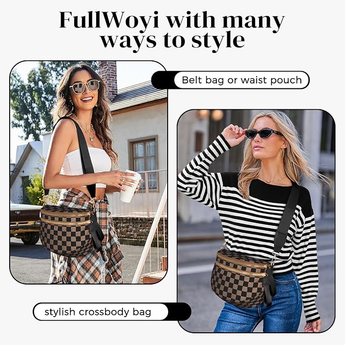 Spacious Nylon Checkered Crossbody Bum Bag for Women, Fashion Checkerboard Fanny Pack Purse with Anti-theft Pocket, Adjustable Wider Strap Wasit Bag (Black-Brown)