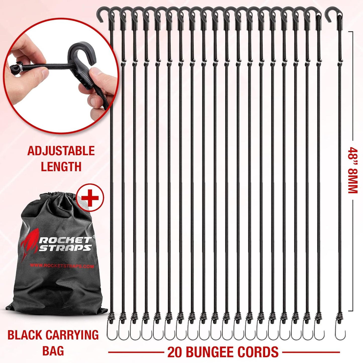 Rocket Straps - Ultimate Adjustable Outdoor Bungee Cord Assortment - Heavy Duty Set of 20 Bungee Cords (48") Double-J Hooks - Elastic Straps for Camping, Securing, and DIY Multipurpose