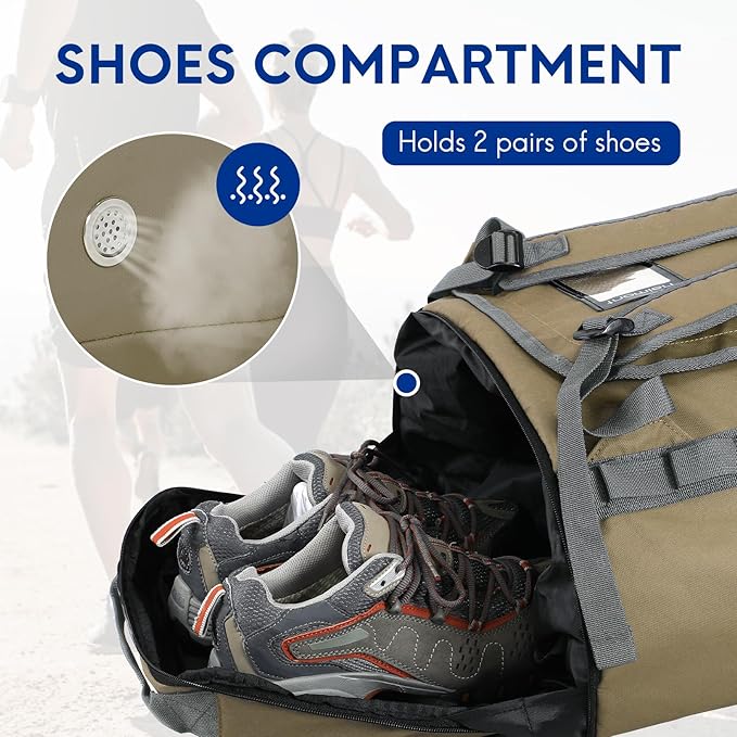 Haimont Duffel Backpack Bag 50L Water Repellent Sports Gym Bag Foldable Men Women with Shoe Compartment for Travel Hiking Camping Outdoor, Upgrade, Khaki