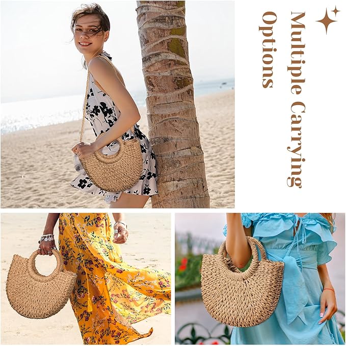 Pleneal Straw Beach Bags for Women - Women Beach Handmade Woven Tote Bag, Summer Mesh Hollow Shoulder Bag for Holiday