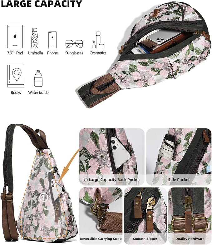 KL928 Canvas Sling Bag - Small Crossbody Backpack Shoulder Casual Daypack Rucksack for Men Women(Embroidery Pink)