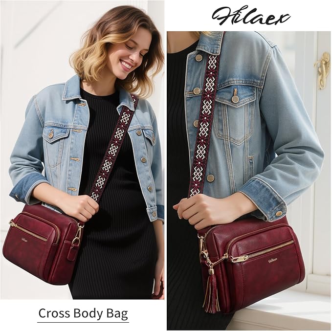 Small Leather Crossbody Bags for Women Anti theft Purses and Handbag Shoulder Hangbag with Wide Strap Tassel