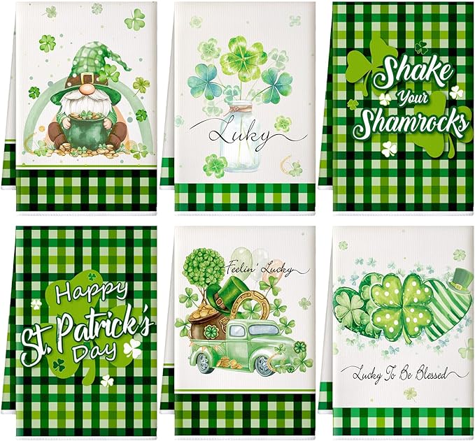 Bencailor 6 Pcs St Patrick's Day Kitchen Towels Shamrocks Gnomes Hand Dish Towels Green Buffalo Plaid Tea Cloth for St Patricks Day Irish Party Festival Gifts Bathroom Home Decor, 16 x 24 Inch