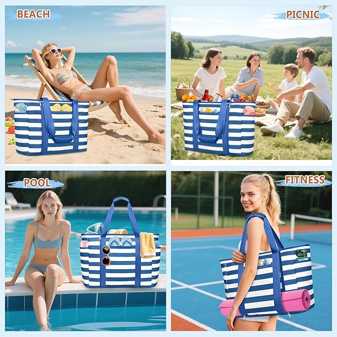 Extra Large Beach Bags for Women, Waterproof Sandproof Beach Tote Bag Foldable Swim Pool Bag with Zipper and Wet Pocket