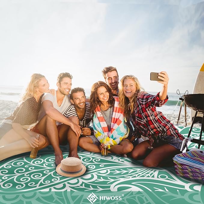Beach Blanket Waterproof Sandproof Oversized 95”x 80”,Sand Free Beach Mat with Corner Pockets,Portable Mesh Bag for Beach Festival,Picnic,Travel and Outdoor Camping (Greenleaf)