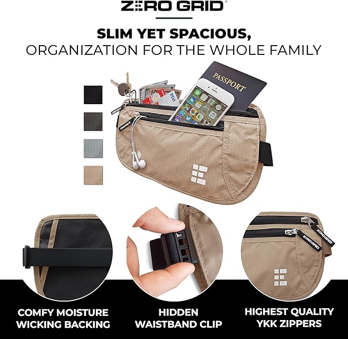 Travel Money Belt 2-Pack (Ash & Beige) – RFID Blocking Hidden Waist Pouch Set – Slim Passport Holder & Under Clothes Security Fanny Pack – Water-Resistant Travel Wallet for Men & Women