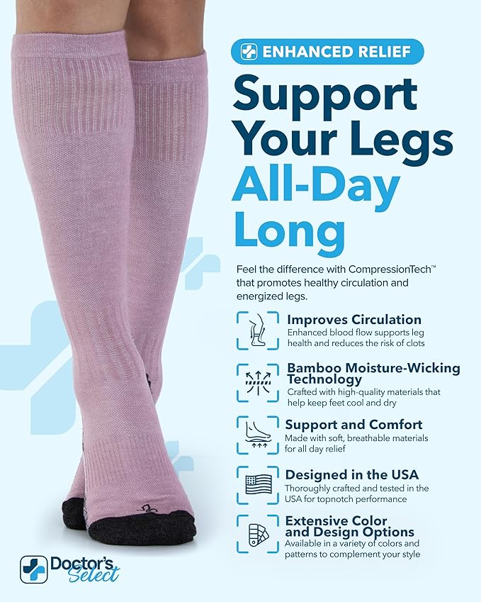 Doctor's Select Bamboo Viscose Light Compression Socks for Women & Men - 3 Pairs, 8-15 mmHg Compression Socks, Knee High
