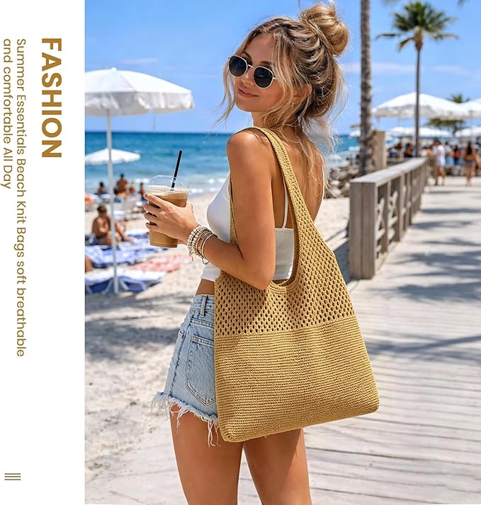SUOSDEY Crochet Mesh Beach Tote Bag, Knit Summer Vacation Aesthetic Boho Tote Bag for Women