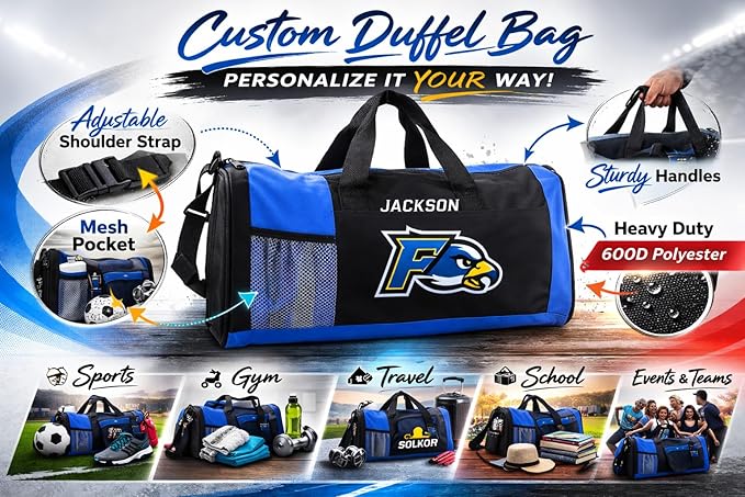 Custom Duffel Bag – Personalized with Logo or Text – Sports Team, Travel, Gym – Royal Blue, Red - Model 6072