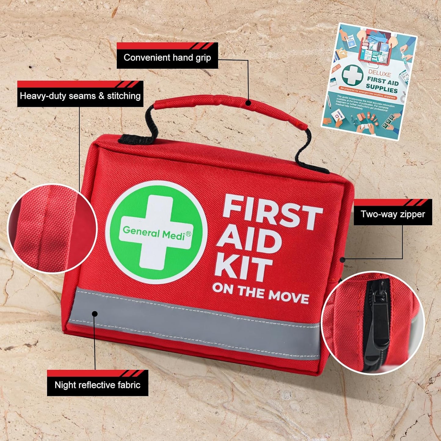 General Medi First Aid Kit - 150 Pieces Small Compact First Aid Kit Bag - Includes Instant Cold Pack, Emergency Blanket for Travel, Home, Office, Vehicle, Camping