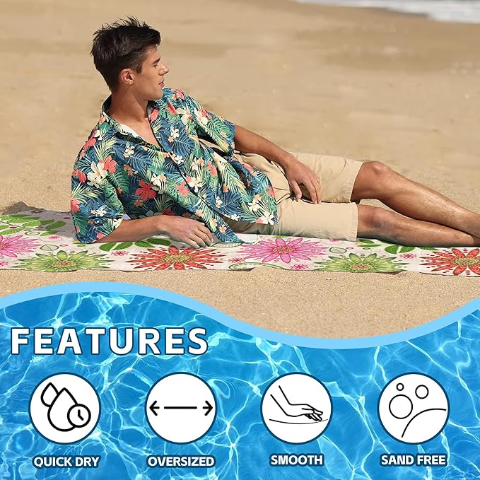 Floral Beach Towel,Spring Colorful Vivid Floral Flowers Lightweight Compact Sand Free Quick Dry Oversized Pool Swimming Towels for Girls Women Adults,29.5"×59"