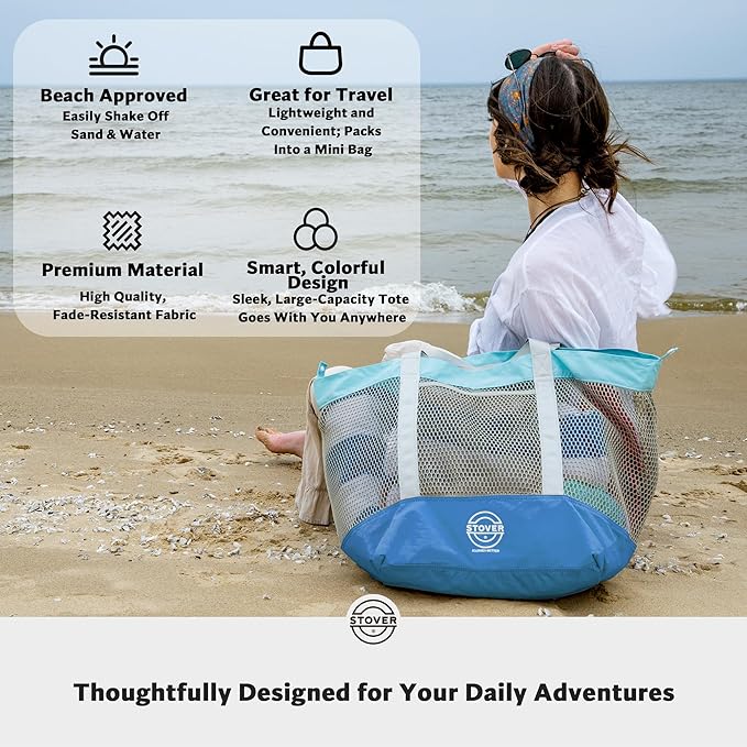 STOVER Extra Large Mesh Beach Bag, Vacation, Pool, Shopping & Travel Tote - Foldable w/Storage Pouch & Pockets for Women, Men