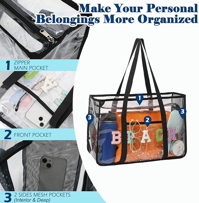 Clear Beach Bag for Women, Large Pool Tote Cruise Vacation Essentials - Zipper Closure, Waterproof, Sandproof