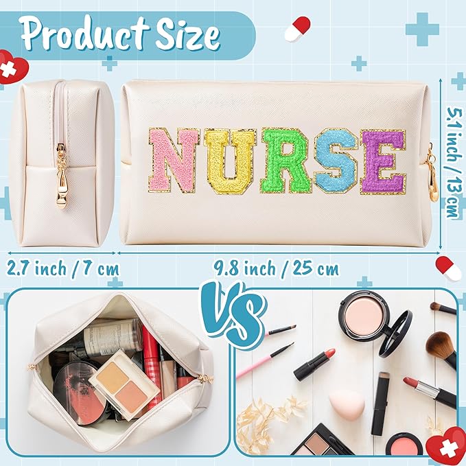 CY2SIDE NURSE Letter Makeup Bag - Colorful Chenille Letter Patch Cosmetic Bag Shell Gold PU Leather Patch Travel Pouch Waterproof Portable Zipper Travel Organizer Case Christmas Gifts for Nurse Women