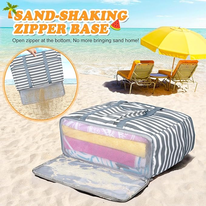 Large Beach Bag with Zipper, 12 Pockets Waterproof Sandproof Pool Bag Womens Mesh Beach Tote Bag for Travel Vacation