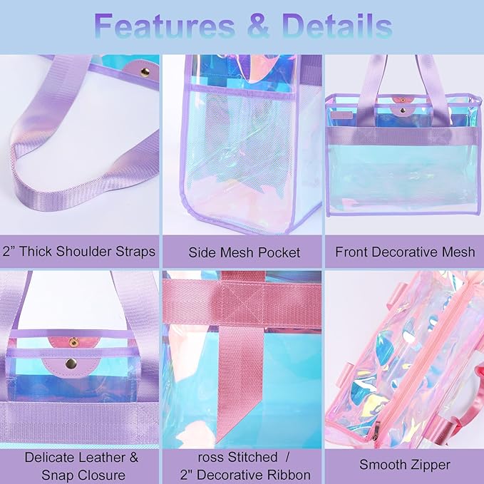 2-Piece 26L Iridescent Beach Bags for Women,Purple Beach Tote Bag & Pink Clear Tote Bag, Large Waterproof Beach Bags for Family Summer Travel Essentials