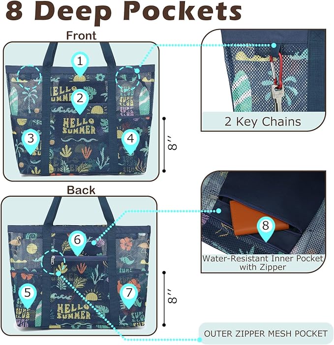 Mesh Beach Bag with Zipper, Large Beach Tote for Women, Toys Pool Swim Bag Travel Vacation Cruise Essentials