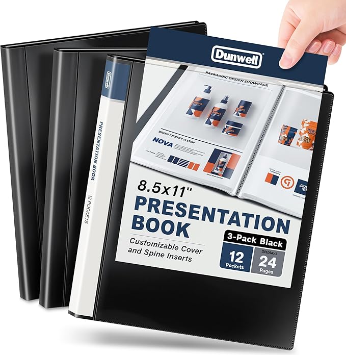 Dunwell Presentation Binder 12-Pocket, Displays 24 Pages, 8.5x11 Portfolio Binder with Plastic Sleeves, Storage and Organizer for Documents, Certificates, Projects, Photos (3 Pack, Black)