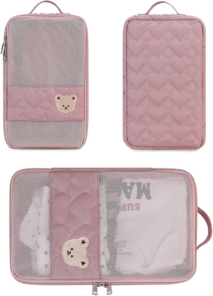 Baby Diaper Bag Organizer Pouches - 2 Pack Waterproof Pod Hanging Diaper Bag Cute Bear Mesh Bag Reusable, Washable or Baby Cloth Diapers (Pink&Blue)